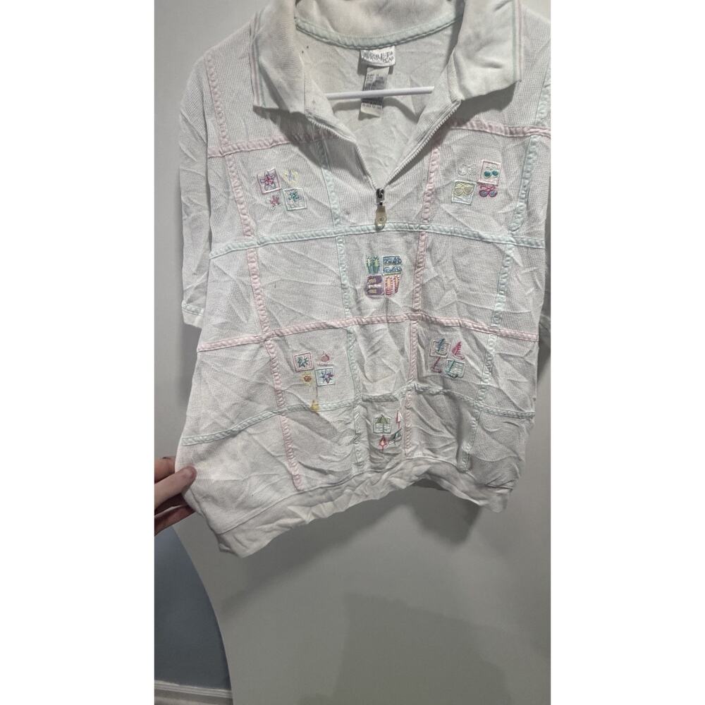 Vintage Embroidered Beach 1/4 Zip Sweater Spring Short Large Sleeve Waffle Knit - Picture 5 of 5